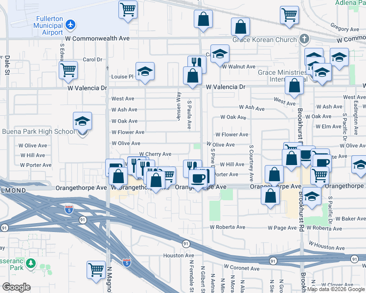 map of restaurants, bars, coffee shops, grocery stores, and more near 2317 West Olive Avenue in Fullerton