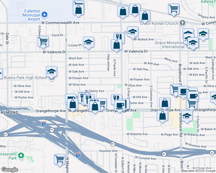 map of restaurants, bars, coffee shops, grocery stores, and more near 2429 West Olive Avenue in Fullerton