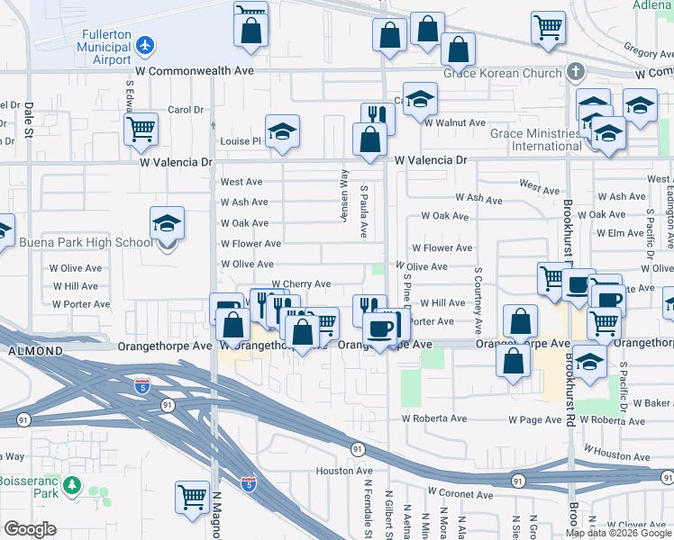 map of restaurants, bars, coffee shops, grocery stores, and more near 2429 West Olive Avenue in Fullerton