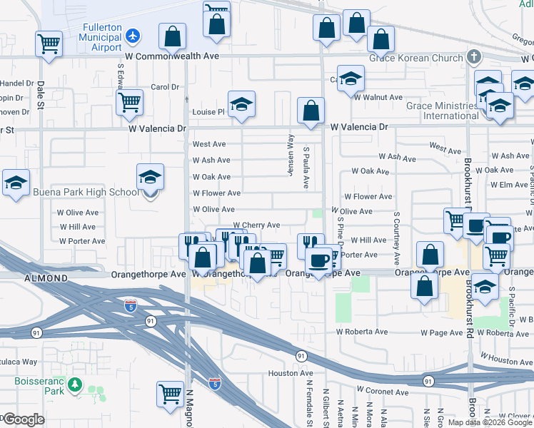 map of restaurants, bars, coffee shops, grocery stores, and more near 2517 West Olive Avenue in Fullerton