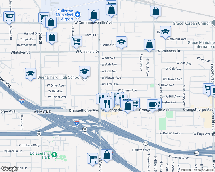 map of restaurants, bars, coffee shops, grocery stores, and more near 2711 West Olive Avenue in Fullerton