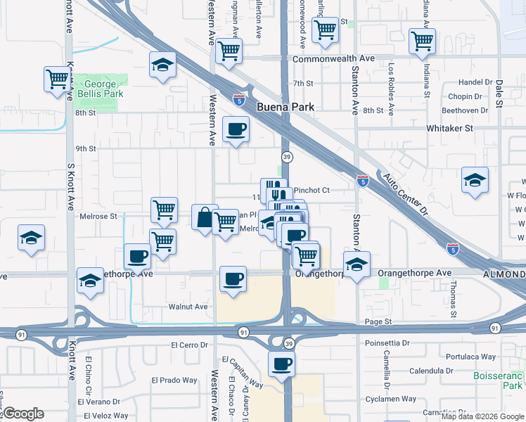 map of restaurants, bars, coffee shops, grocery stores, and more near 6681 Beach Boulevard in Buena Park