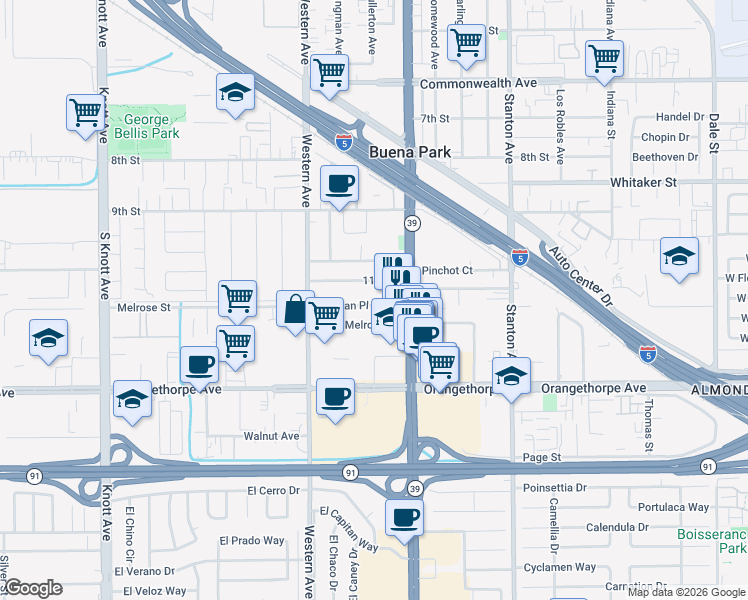 map of restaurants, bars, coffee shops, grocery stores, and more near 7712 11th Street in Buena Park