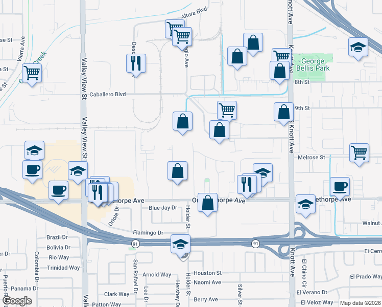 map of restaurants, bars, coffee shops, grocery stores, and more near 6751 Emerson Drive in Buena Park