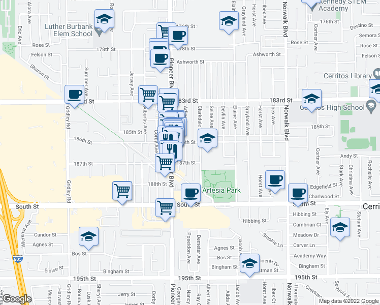 map of restaurants, bars, coffee shops, grocery stores, and more near 18613 1/2 Clarkdale Avenue in Artesia