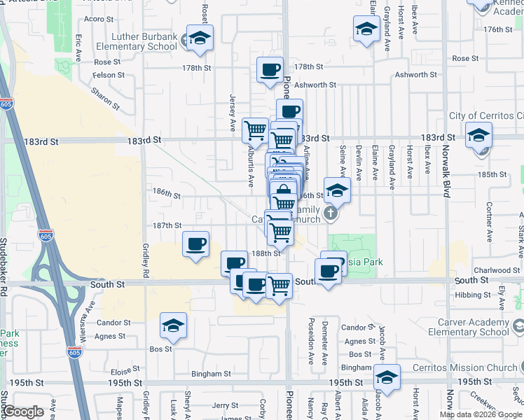 map of restaurants, bars, coffee shops, grocery stores, and more near 18612 Corby Avenue in Artesia