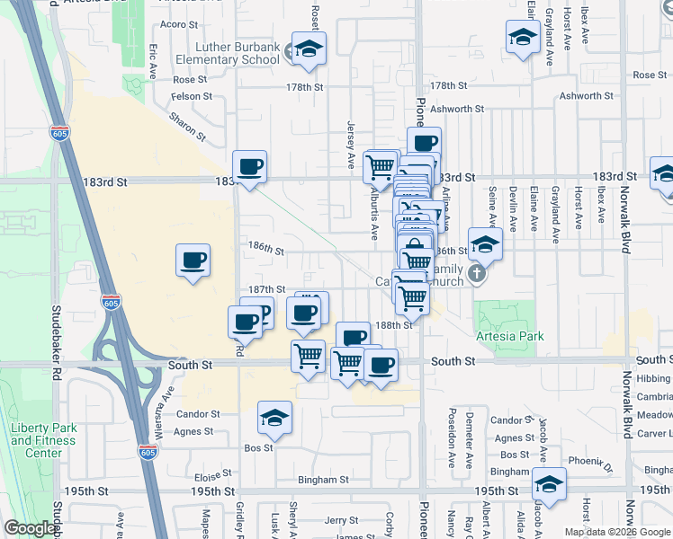 map of restaurants, bars, coffee shops, grocery stores, and more near 18613 Jersey Avenue in Artesia