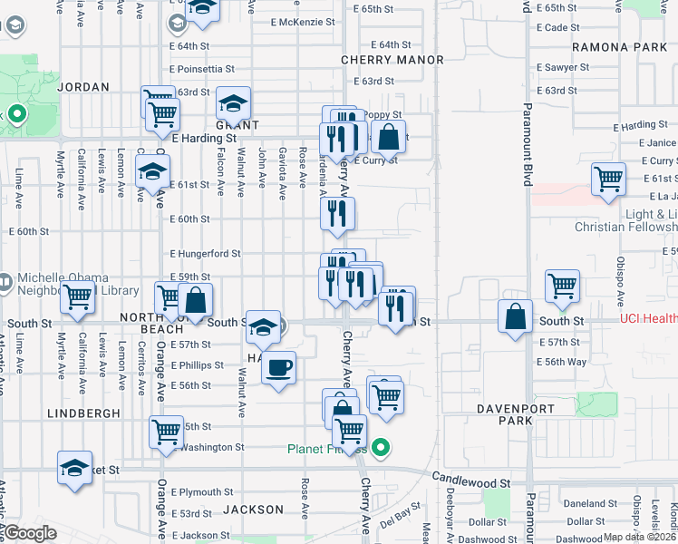 map of restaurants, bars, coffee shops, grocery stores, and more near in Long Beach
