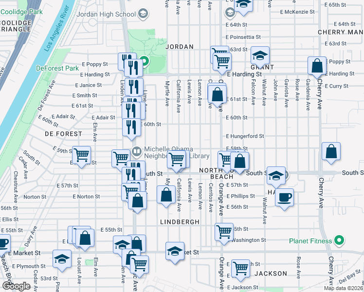 map of restaurants, bars, coffee shops, grocery stores, and more near 5917 Lewis Avenue in Long Beach