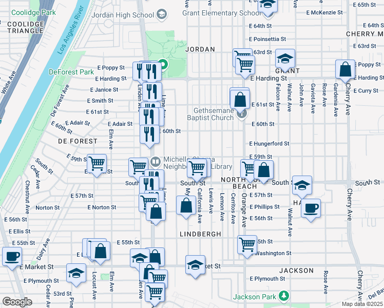 map of restaurants, bars, coffee shops, grocery stores, and more near 5927 Myrtle Avenue in Long Beach