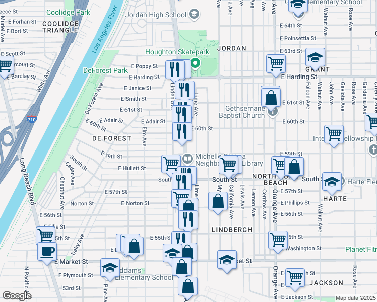 map of restaurants, bars, coffee shops, grocery stores, and more near 5928 Atlantic Avenue in Long Beach