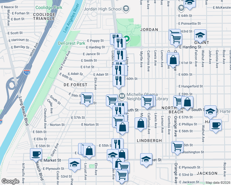 map of restaurants, bars, coffee shops, grocery stores, and more near 5928 Atlantic Avenue in Long Beach