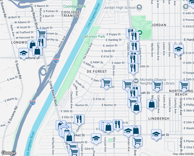 map of restaurants, bars, coffee shops, grocery stores, and more near in Long Beach