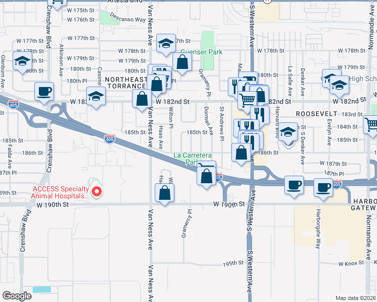 map of restaurants, bars, coffee shops, grocery stores, and more near 18526 Illinois Court in Torrance