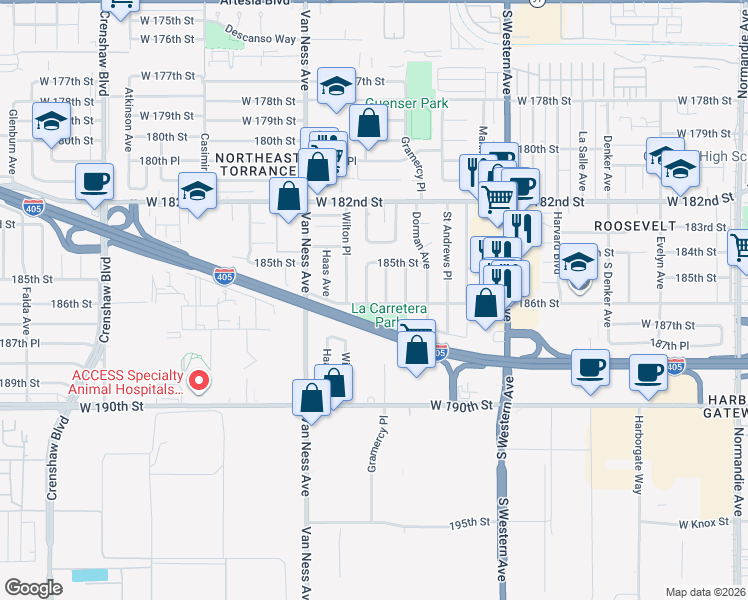 map of restaurants, bars, coffee shops, grocery stores, and more near 18529 Taylor Court in Torrance