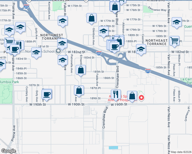 map of restaurants, bars, coffee shops, grocery stores, and more near 3316 185th Street in Torrance