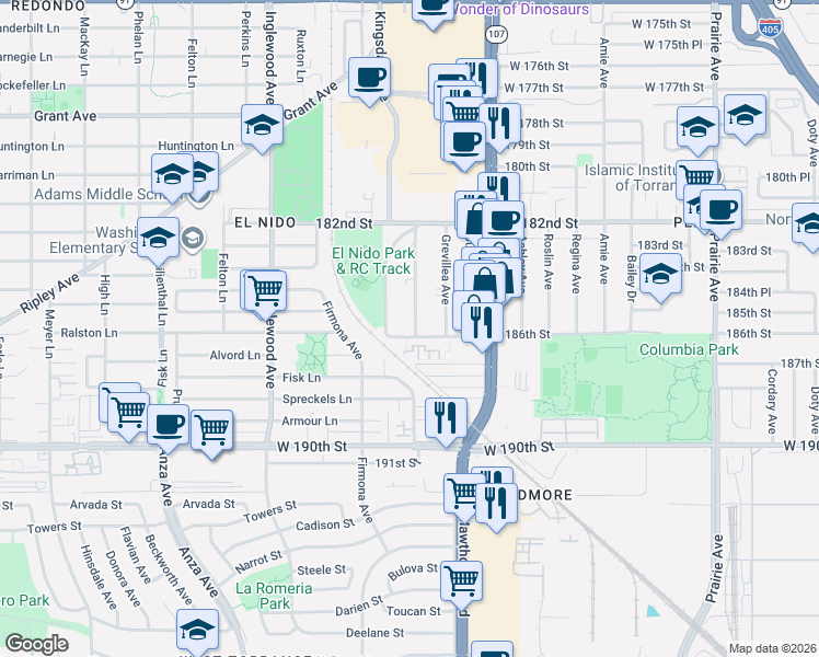 map of restaurants, bars, coffee shops, grocery stores, and more near 18513 Mansel Avenue in Redondo Beach