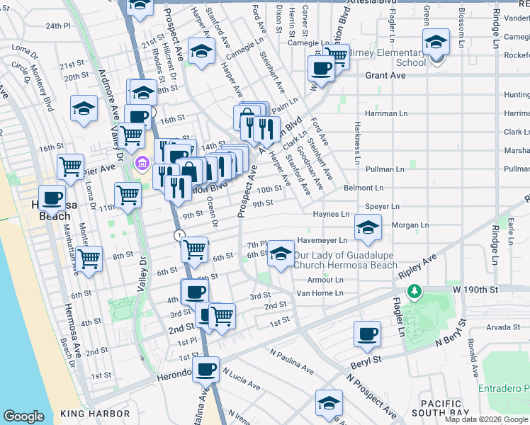 map of restaurants, bars, coffee shops, grocery stores, and more near 1121 9th Street in Hermosa Beach