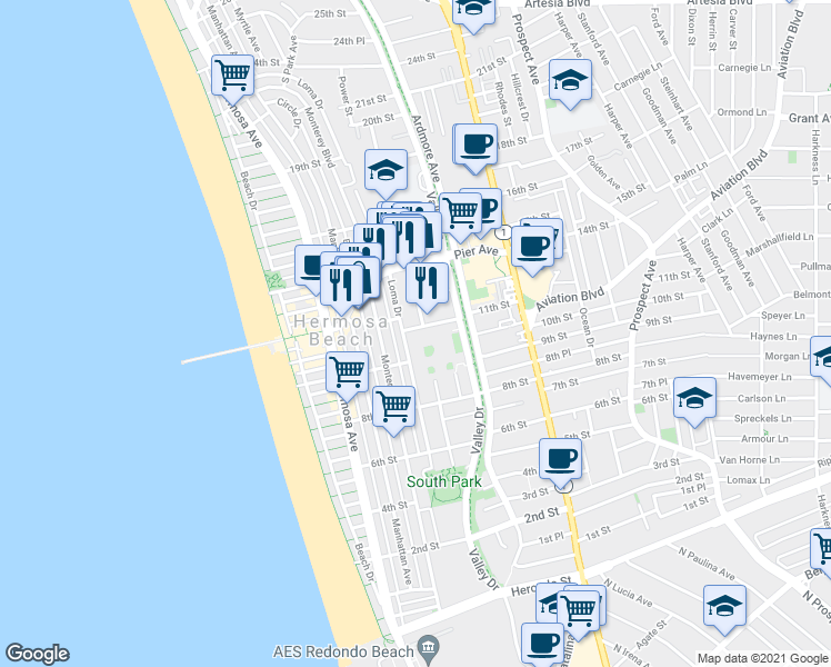 map of restaurants, bars, coffee shops, grocery stores, and more near 1103 Cypress Avenue in Hermosa Beach
