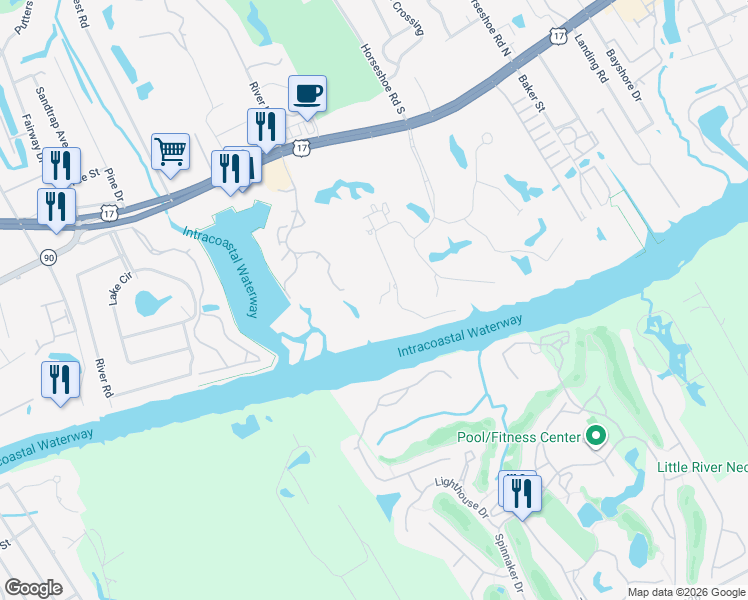 map of restaurants, bars, coffee shops, grocery stores, and more near 4644 Eastport Landing Drive in Little River