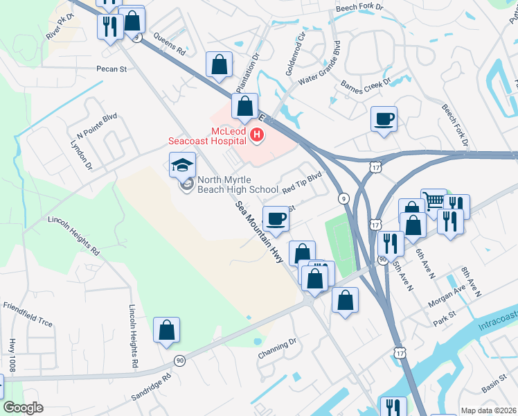 map of restaurants, bars, coffee shops, grocery stores, and more near 124 Red Tip Boulevard in Little River