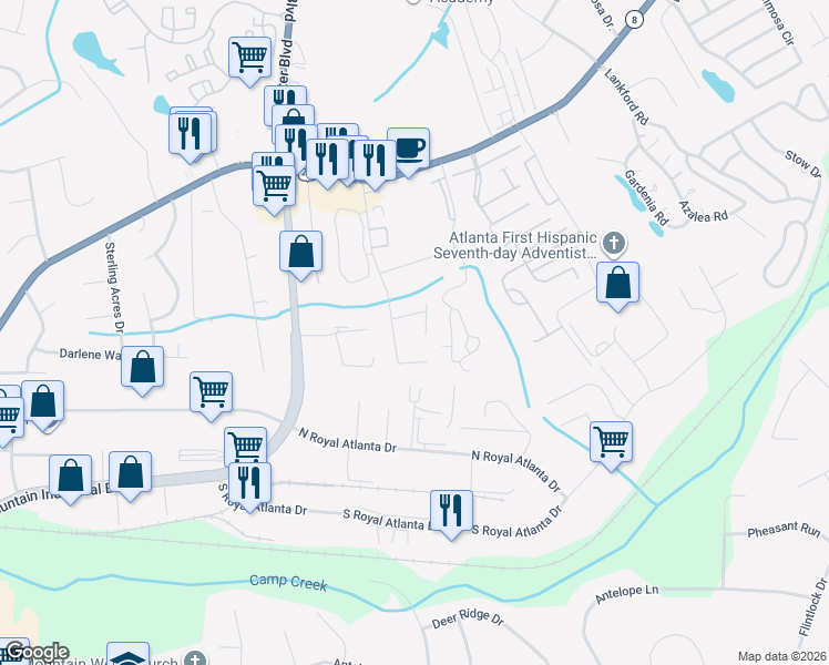map of restaurants, bars, coffee shops, grocery stores, and more near 2634 Leeshire Court in Tucker