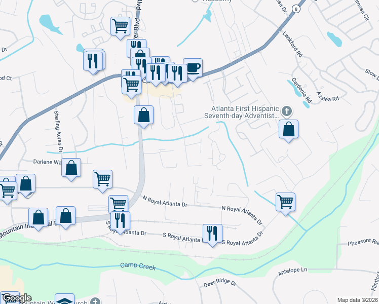 map of restaurants, bars, coffee shops, grocery stores, and more near 2634 Leeshire Court in Tucker