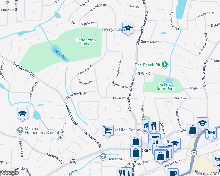map of restaurants, bars, coffee shops, grocery stores, and more near 2600 Arldowne Drive in Tucker