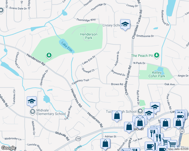 map of restaurants, bars, coffee shops, grocery stores, and more near 4004 Tipperary Trail in Tucker
