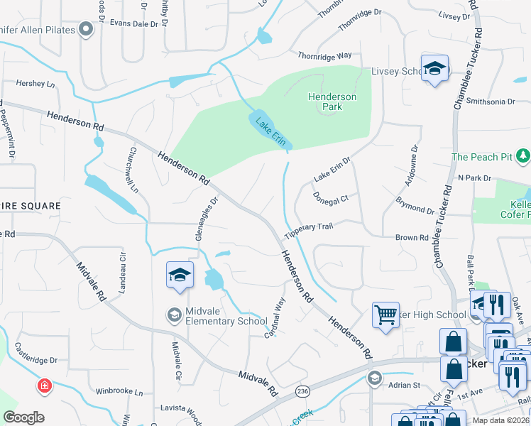 map of restaurants, bars, coffee shops, grocery stores, and more near 1996 Springview Trail in Tucker