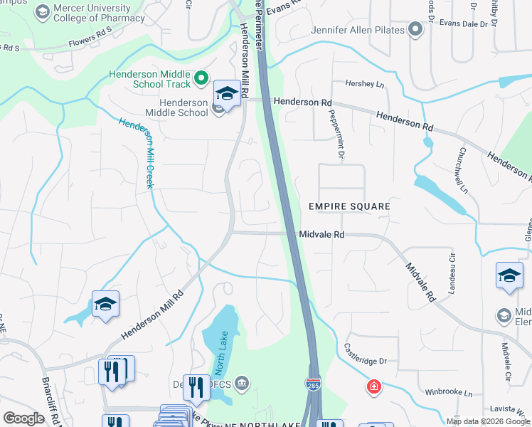 map of restaurants, bars, coffee shops, grocery stores, and more near 3415 Glenrose Drive in Atlanta