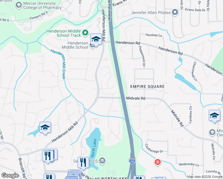map of restaurants, bars, coffee shops, grocery stores, and more near 3415 Glenrose Drive in Atlanta