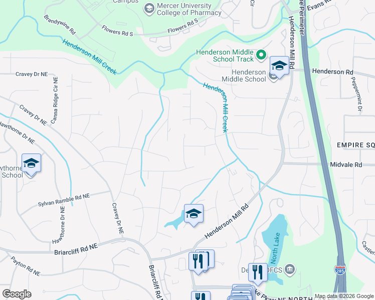 map of restaurants, bars, coffee shops, grocery stores, and more near 2603 Kings Lake Court Northeast in Atlanta