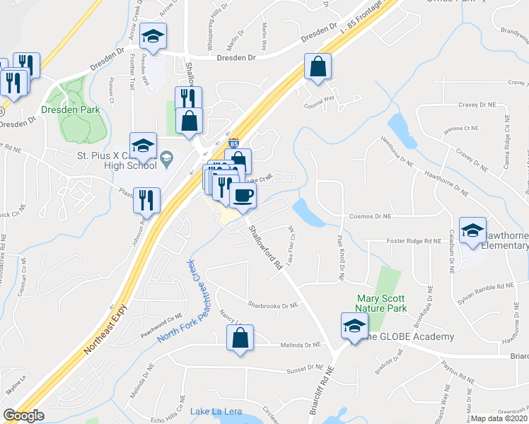 map of restaurants, bars, coffee shops, grocery stores, and more near 2542 Bradford Square Northeast in Atlanta