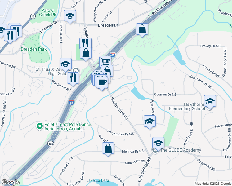 map of restaurants, bars, coffee shops, grocery stores, and more near 113 Briarlake Court Northeast in Atlanta