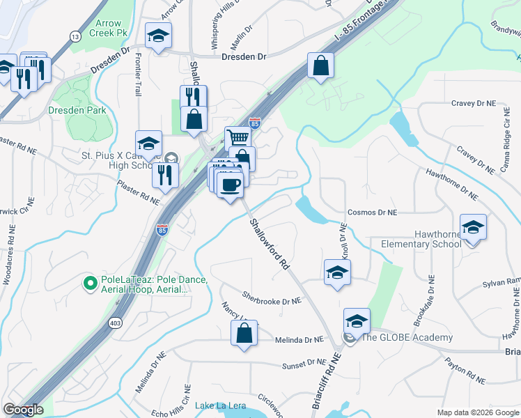 map of restaurants, bars, coffee shops, grocery stores, and more near 113 Briarlake Court Northeast in Atlanta