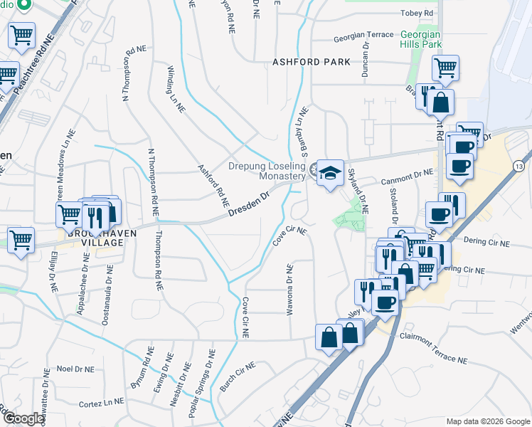 map of restaurants, bars, coffee shops, grocery stores, and more near 1701 Dresden Drive Northeast in Atlanta