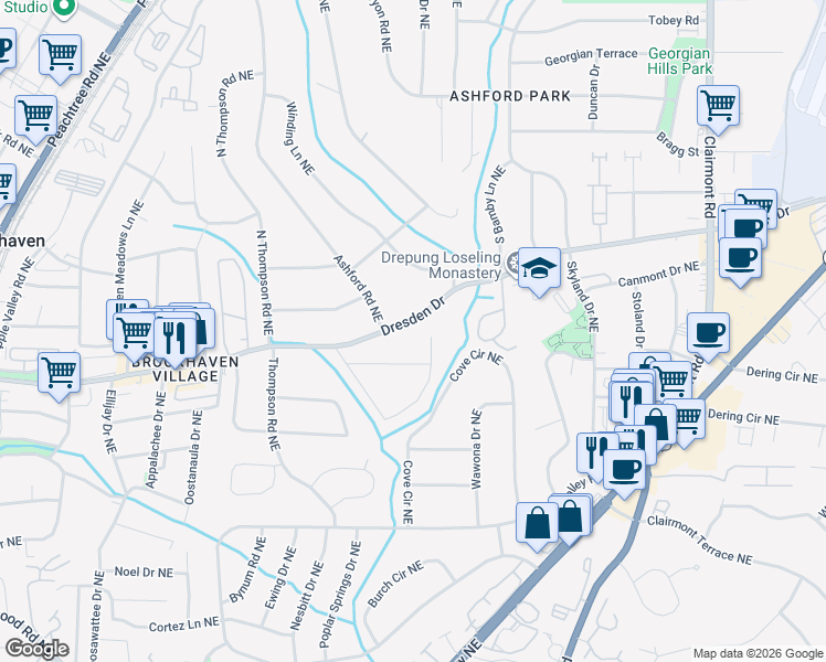 map of restaurants, bars, coffee shops, grocery stores, and more near 1678 Dresden Drive in Atlanta