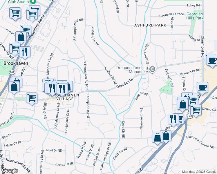 map of restaurants, bars, coffee shops, grocery stores, and more near 1585 Trentwood Place Northeast in Atlanta
