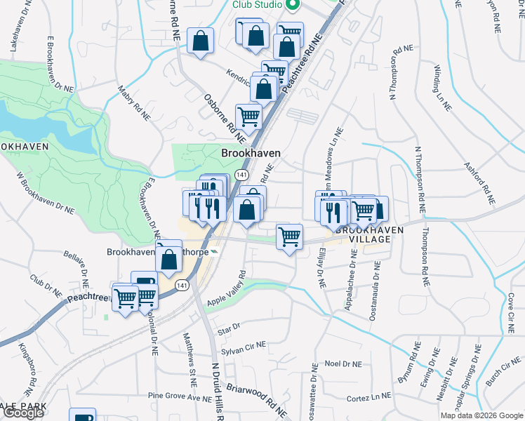 map of restaurants, bars, coffee shops, grocery stores, and more near 1294 Sunland Drive Northeast in Atlanta