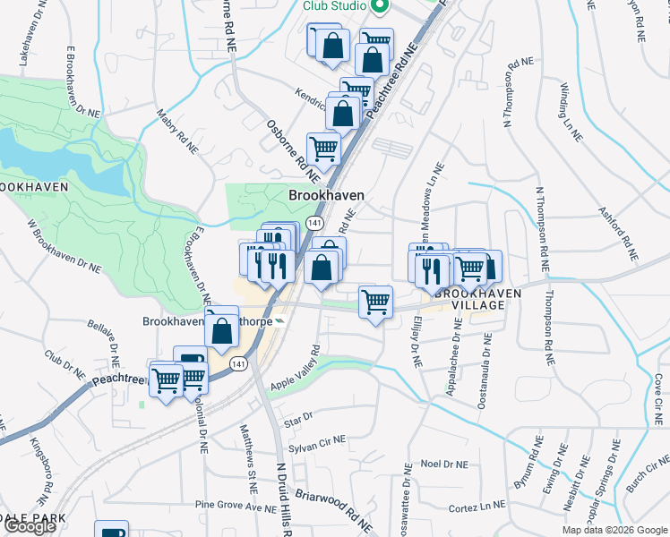 map of restaurants, bars, coffee shops, grocery stores, and more near 1294 Sunland Drive Northeast in Atlanta