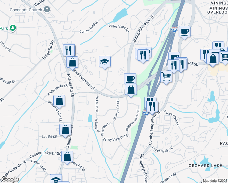 map of restaurants, bars, coffee shops, grocery stores, and more near 3509 Estates Lane Southeast in Smyrna