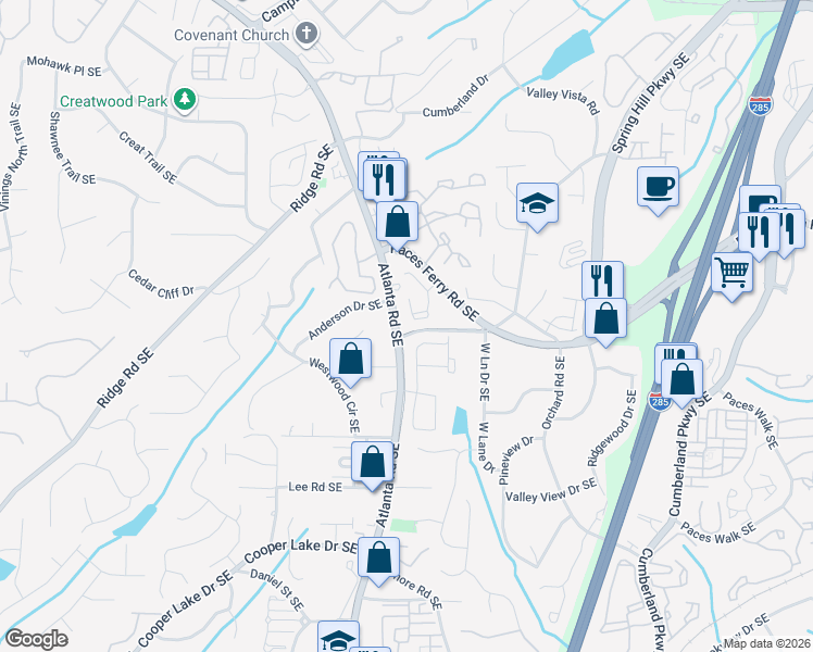 map of restaurants, bars, coffee shops, grocery stores, and more near 2112 Anderson Drive Southeast in Smyrna