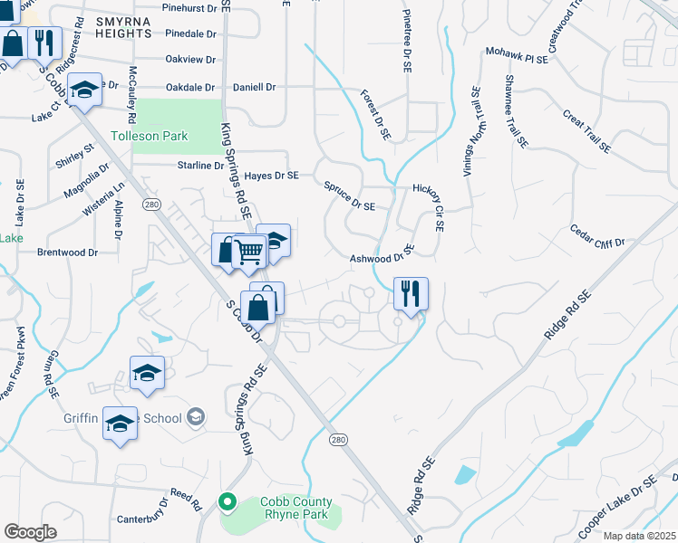 map of restaurants, bars, coffee shops, grocery stores, and more near 3710 Ashwood Drive Southeast in Smyrna