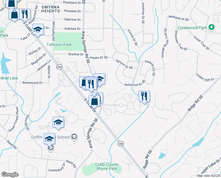 map of restaurants, bars, coffee shops, grocery stores, and more near 1380 Ashwood Court in Smyrna