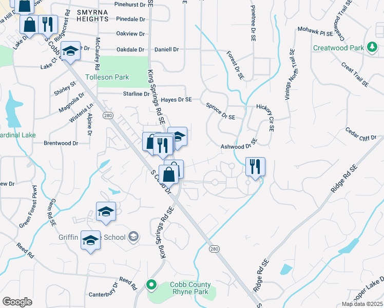 map of restaurants, bars, coffee shops, grocery stores, and more near 1380 Ashwood Court in Smyrna
