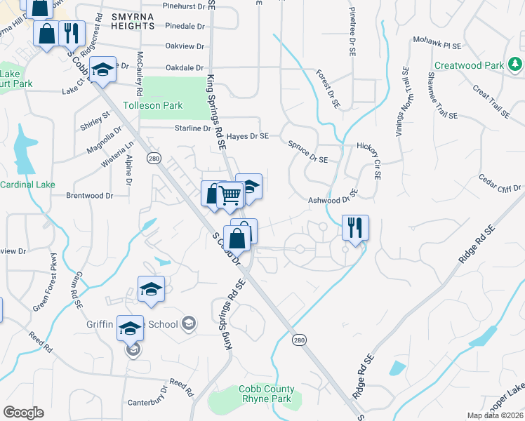 map of restaurants, bars, coffee shops, grocery stores, and more near 3747 King Springs Road Southeast in Smyrna