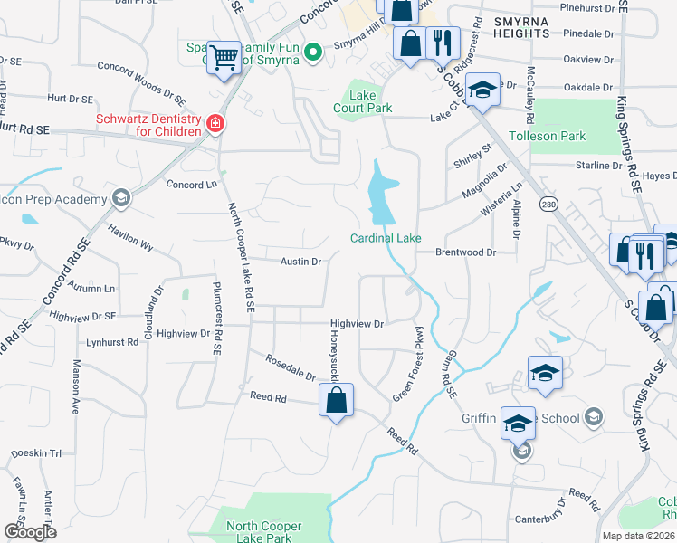 map of restaurants, bars, coffee shops, grocery stores, and more near 719 Austin Lake Drive in Smyrna
