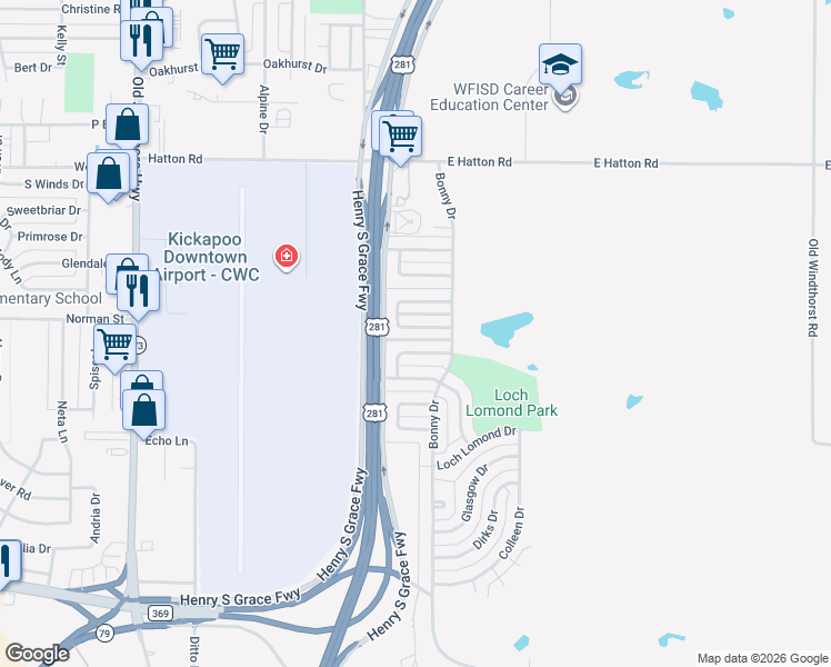 map of restaurants, bars, coffee shops, grocery stores, and more near 110 South Glencoe Circle in Wichita Falls
