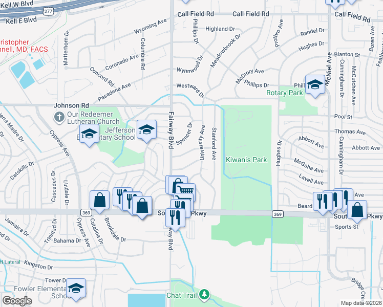 map of restaurants, bars, coffee shops, grocery stores, and more near 4630 University Avenue in Wichita Falls